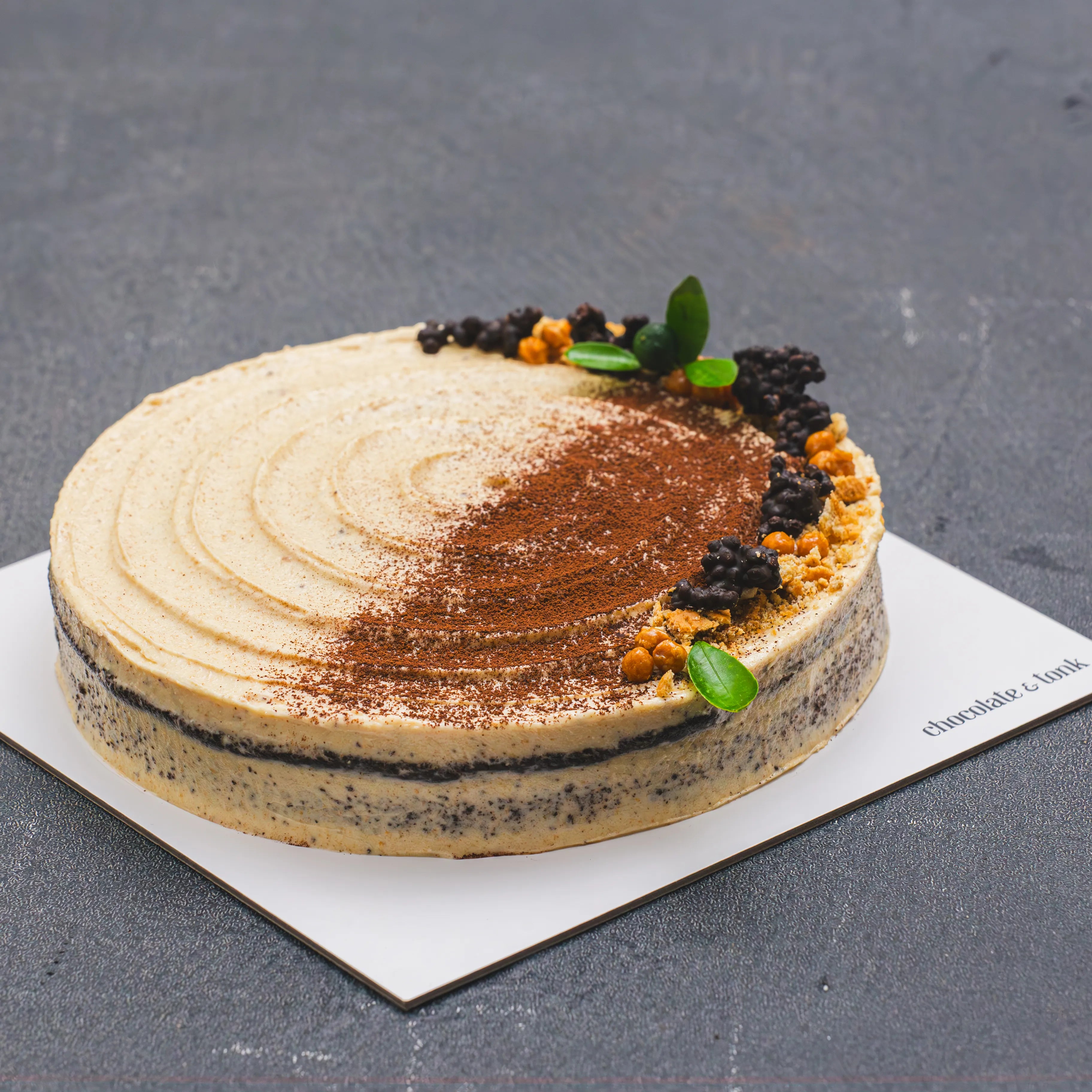 Chocolate cake, soaked in rum, with biscuit buttercream.